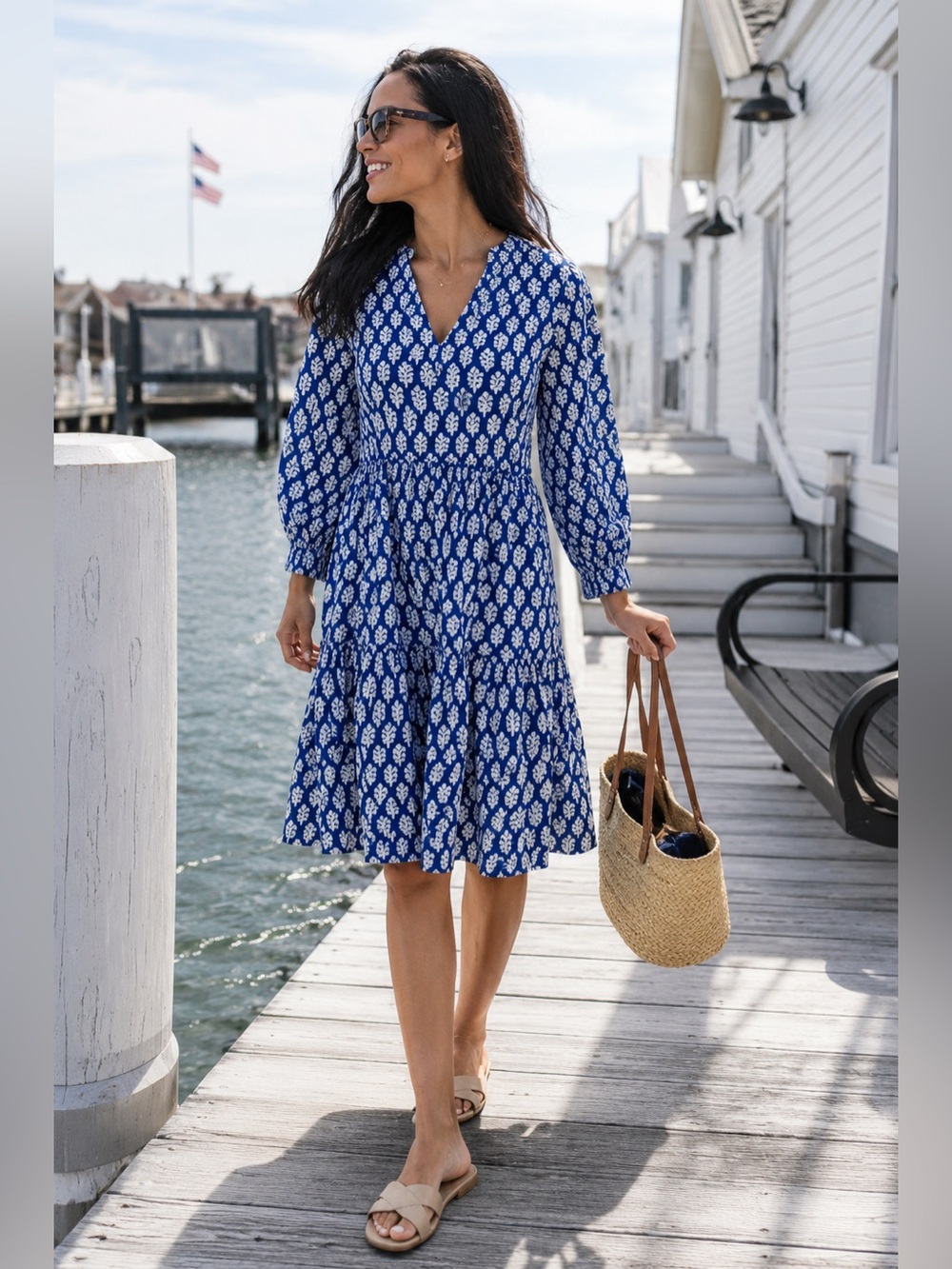 NWT NavyBLEU Caroline Blue & White Block Print Tiered Midi Dress Coastal Resort